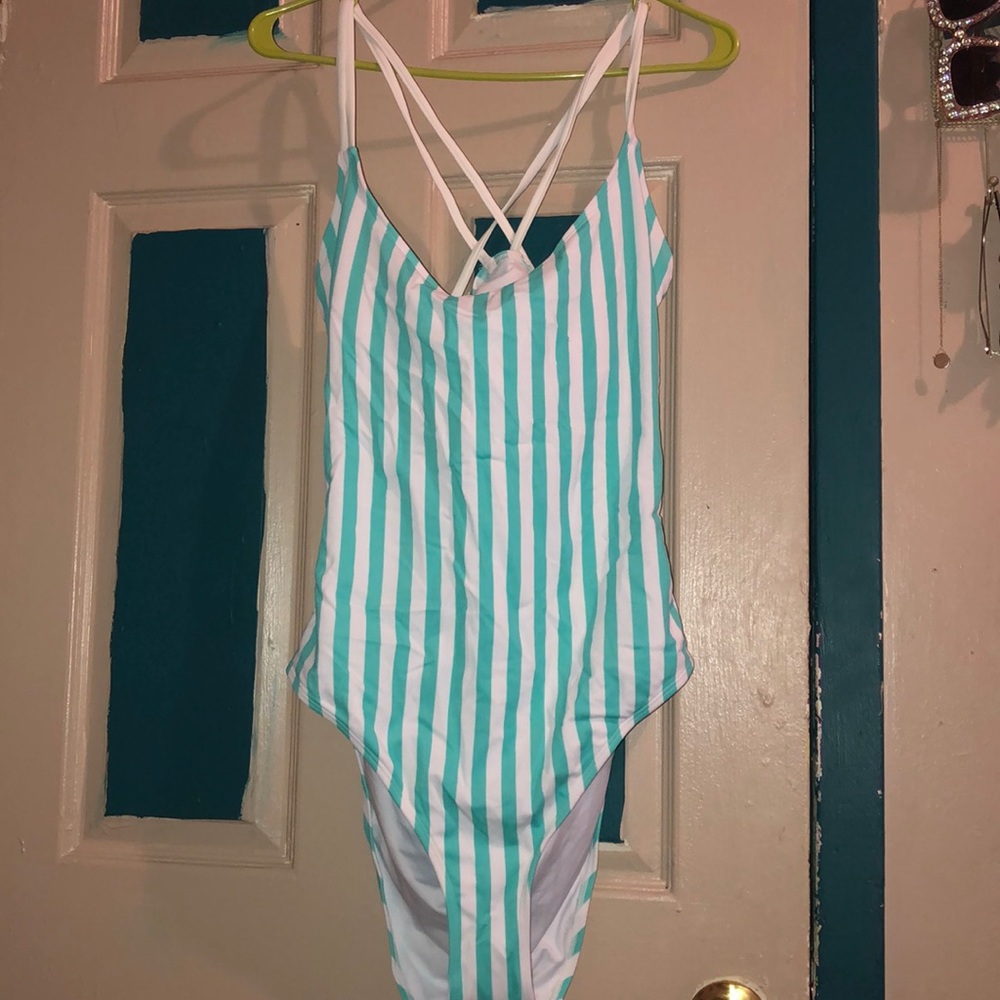 Striped green and white strappy bathing suit